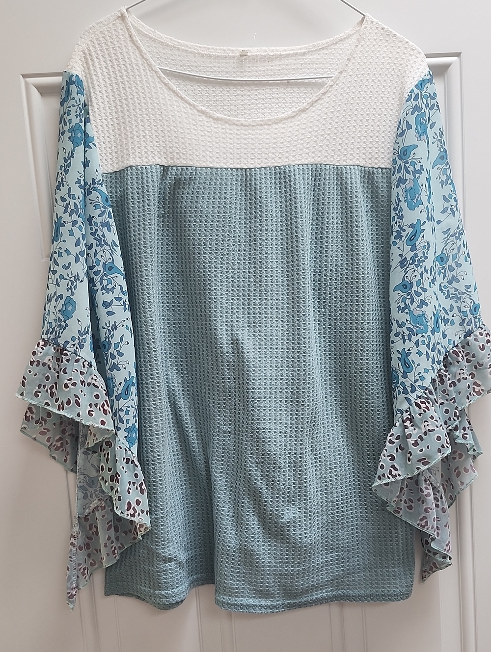 Blue Floral Sleeve Waffle Knit Top - White Yoke Flowy Sleeves